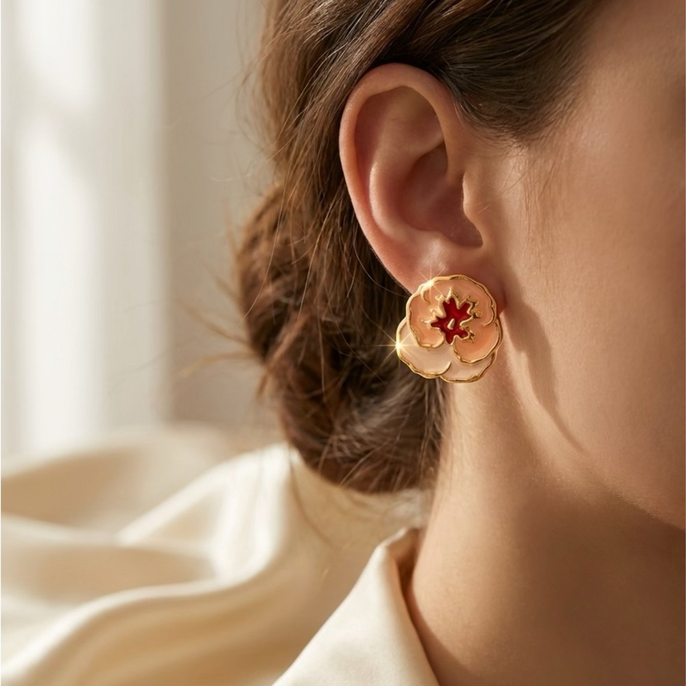 Full Bloom pansy gold-tone enamel pink and white pierced earring set